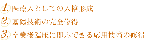 1.医療人としての人格形成　2.基礎技術の完全修得　3.卒業後臨床に即応できる応用技術の修得